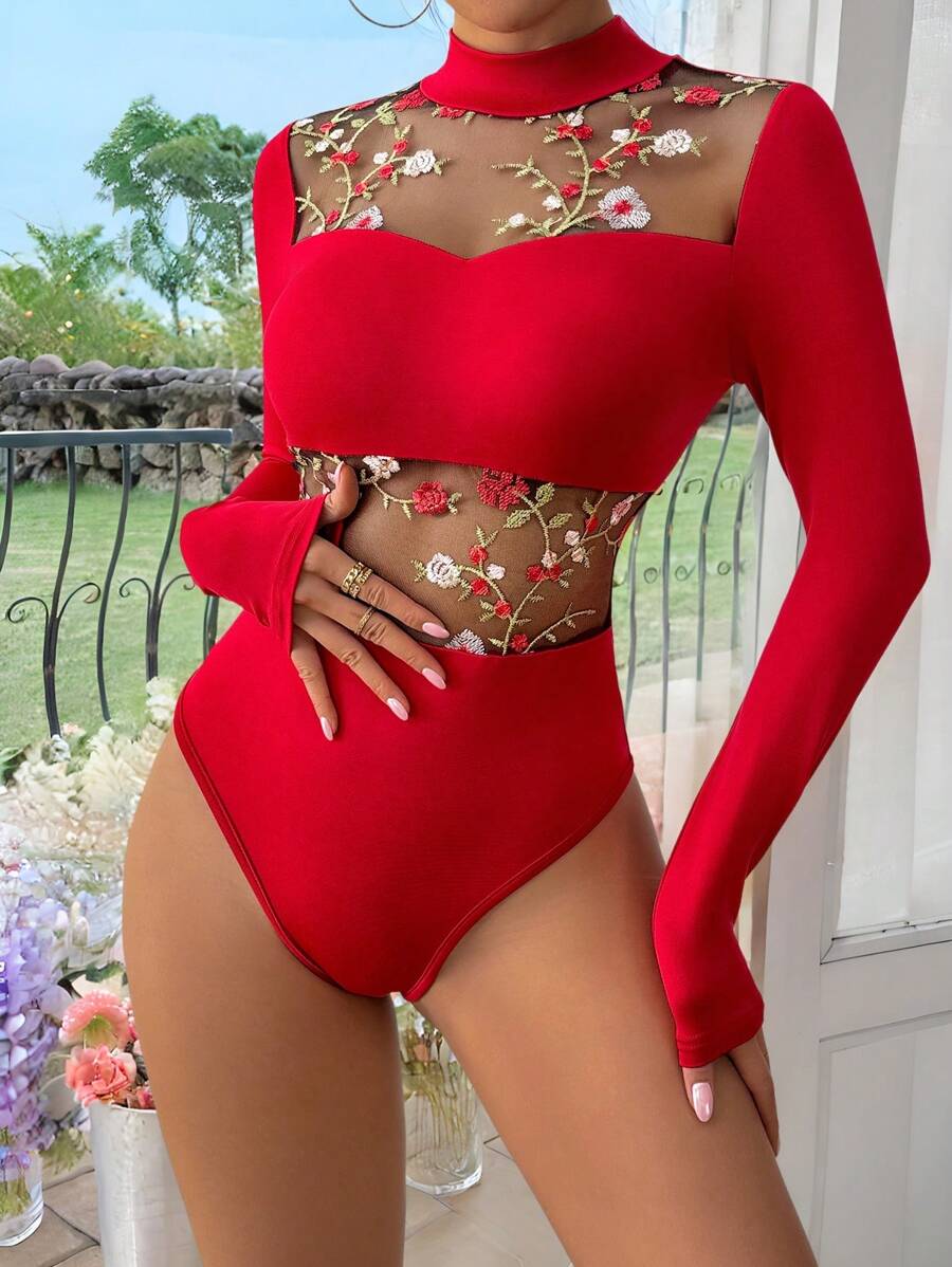 SHEIN X Ignacia Antonia Zolique Bộ đồ liền thân thêu lưới dài tay cho nữ - Đỏ - Xem 1