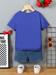 SHEIN Short Sleeve Letter Print Crew Neck T-Shirt, Summer - Blue - View 2