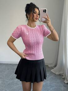 Elenzga Ladies Bow Embroidery Knit Top, Minimalist Fashion Suitable For Summer - Pink - View 5