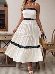 SHEIN Clasi فستان إسليب ماكسي بتصميم الدانتيل والألوان المتناقضة المناسب للمقاسات الكبيرة، صيفي - لون مشمشي - مشاهدة 13