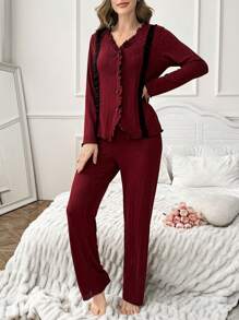 女士撞色滚边荷叶边单排扣长袖上衣和长裤睡衣套装，圣诞节礼物