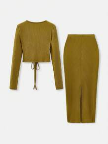 Maija Urban Chic Spring/Summer 2 Pieces Outfit, Waist-Cinched Sexy Yellow-Green Women's Set, Suitable For Casual, Romantic Vacation, Going Out, Wedding Guests, Pairing, Valentine's Day - Green - View 5