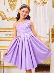 SHEIN Langer Kleid für Tween-Mädchen mit lila Stickerei und Tüll Dekor, elegantes Sommeroutfit für Partys