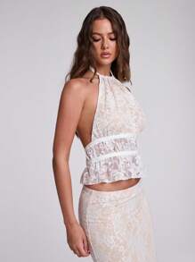 SHEIN BAE White Floral Mesh Lace Ruffle Hem Halter Neck Top, Elegant Beach, Party, Wedding Guest For Women, Spring/Summer - White - View 7