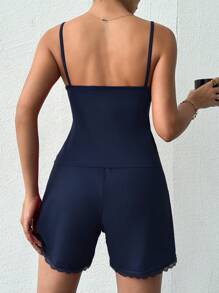 RueChic Women Lace Patchwork Spring/Summer Camisole And Shorts Casual Clothes Set - Navy Blue - View 2