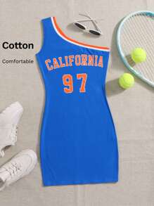 SHEIN EZwear 字母圖案條紋細節單肩緊身連衣裙 - 藍色 - 查看 1