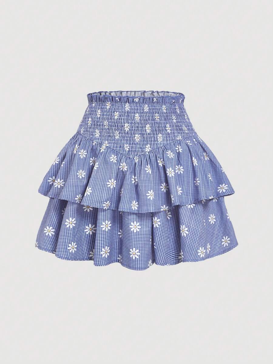 SHEIN MOD Váy xếp nếp viền eo kẻ caro xanh trắng cỡ lớn cho nữ, mùa hè - Xanh và trắng - Xem 1