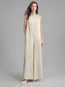 Ontre Women's Minimalist Daily Wear Champagne Sleeveless Wide Leg Jumpsuit, V-Neck Summer Outfit; Women's Minimalist Daily Wear Ivory Sleeveless Wide Leg Jumpsuit, V-Neck Summer Outfit