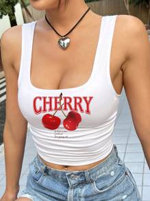 SHEIN EZwear Áo ba lỗ in họa tiết quả anh đào cỡ lớn cho nữ mùa hè, thích hợp cho mùa ấm - trắng - Xem 7