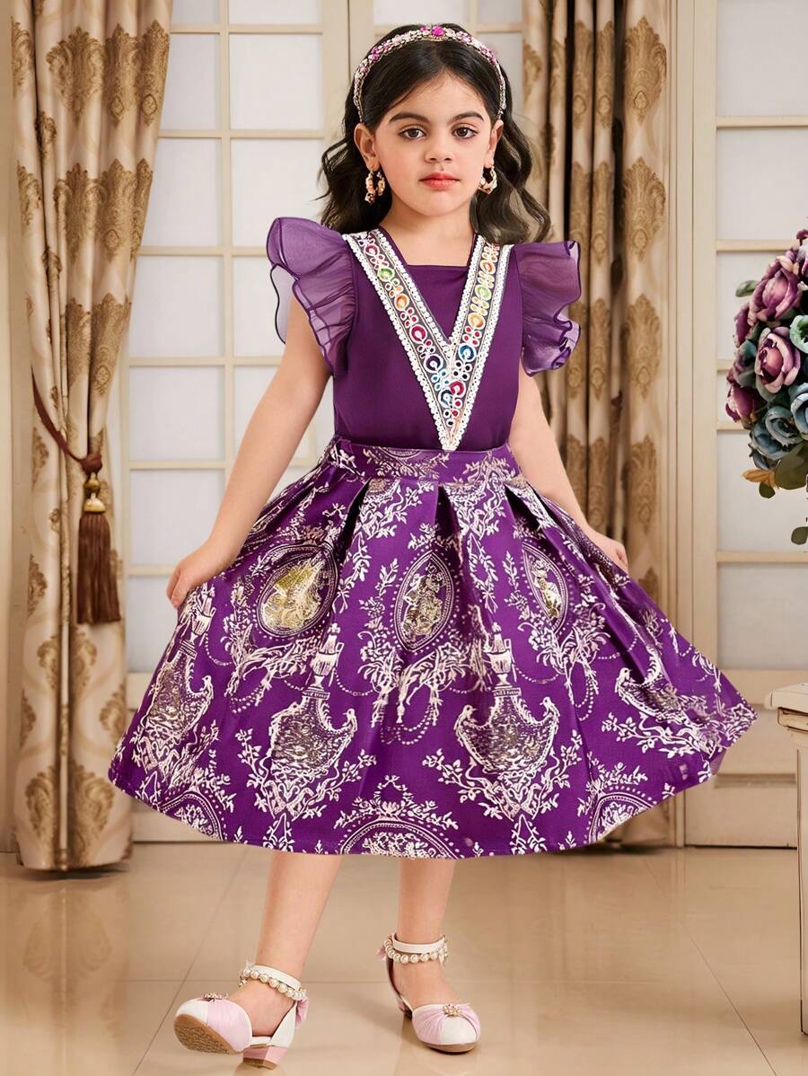 SHEIN Young Girls 2 Pieces Set:Purple Patchwork Organza Cap Sleeve Crop Top,V-Neck Embroidered Waist Tie & Loose Brocade A-Line Skirt - Purple - View 1