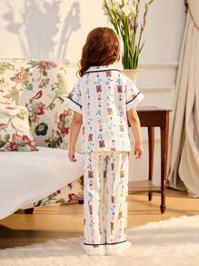 2pcs/Set Young Girl Cute Bear Print Short Sleeve Shirt & Loose Pants Casual Comfortable Home Outfit - Multicolor - View 2
