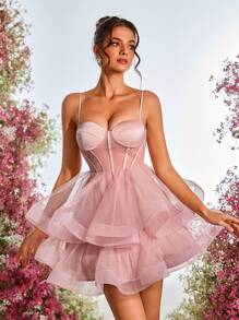 SHEIN Belle Elegant Satin Splice Mesh Hemline Bustier Waist Sheer A-Line Ball Gown, Wedding Guest Dress With 3D Ponytail Decor And Adjustable Lace-Up Back, Formal Event, Party Dress, Prom Dress - Pink - View 1