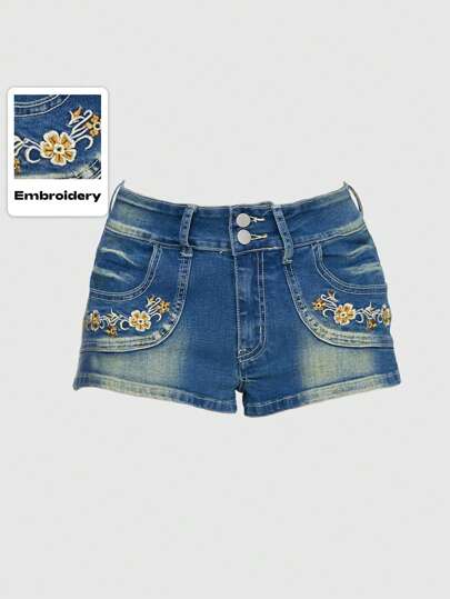 Grunge Punk Summer Beach, Graduation, Easter, Concert, Nashville Vacation Vintage Style Women's Denim Shorts With Cute Floral Embroidery Pockets, Washed Look