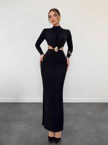 Aloruh Women's Sexy Fashionable Elegant High Collar Side Hollow Front Center Metal Button Decoration Slim Black Long Sleeve Dress Christmas Party Women Dress New Year Eve Dress Christmas Dress Thanksgiving Dress Holiday Dress New Years Dress Christmas Party Dress Party Women Dresses