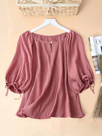 EMERY ROSE 大码女士优雅通勤衬衫，淡粉色，圆领，灯笼袖，蝴蝶结袖口，猫眼纽扣细节，特殊条纹纹理面料，夏季