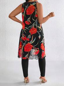 SHEIN LUNE Women 2pcs Set, Mesh Print Patchwork Halter Tank Top And Skinny Leggings - Black - View 2