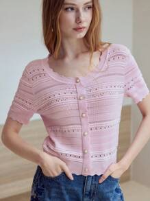 MOTF STUDIO BUTTON UP HOLLOW OUT SWEATER - Pink - View 2