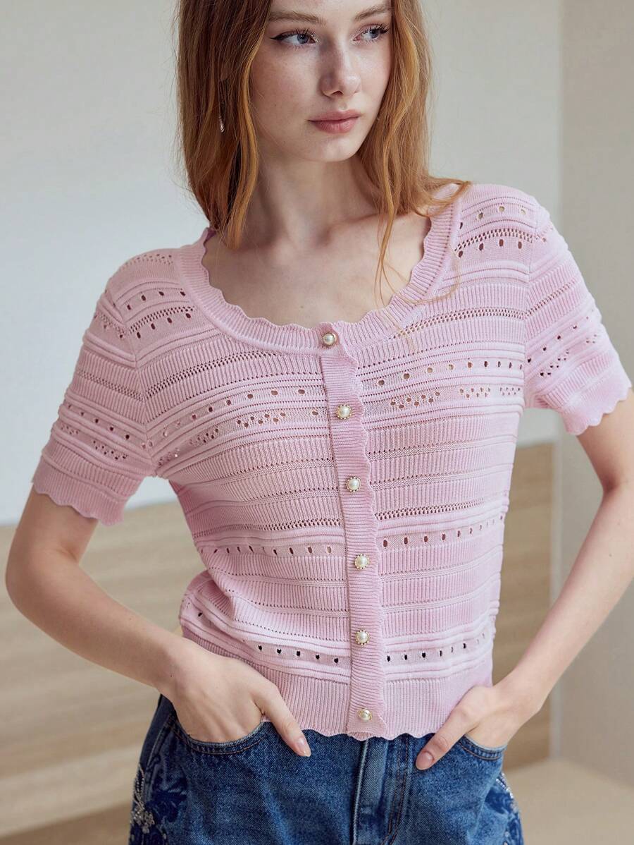 MOTF STUDIO BUTTON UP HOLLOW OUT SWEATER - Pink - View 2