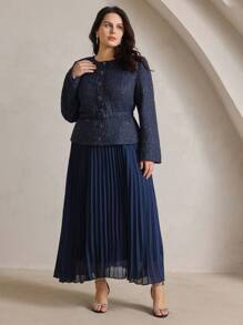 Anewsta Vestido de talla grande para mujer elegante para cita nocturna/fiesta, de manga larga, con parches y pliegues, falso de 2 piezas - Azul - Ver 5