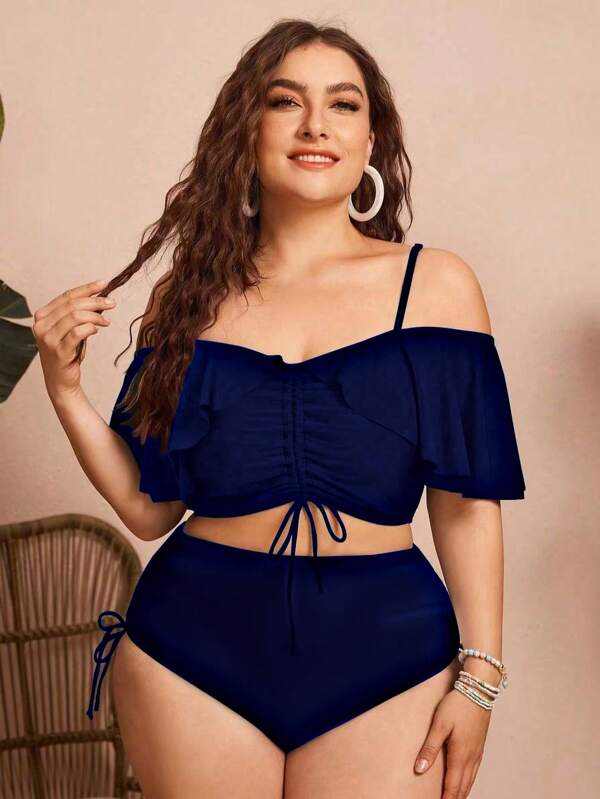 Swim Lushoire 2 piezas Bañador con tirantes finos, hombros descubiertos, volantes y cordón ajustable para mujer de talla grande, elegante y a la moda para vacaciones y uso casual