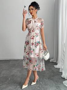 Breezaya Women's Asymmetric Floral Pattern Embroidered Mesh Patchwork Waist Midi Dress - Apricot - View 6