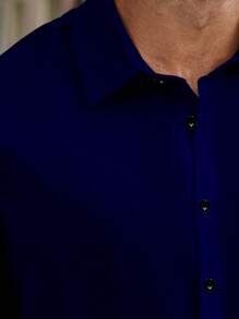 Manfinity Homme Plus Size Men's Casual Versatile Solid Color Shirt, Dark Blue Shirt Men