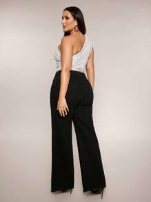 SHEIN BAE Mono de punto elástico con pliegues en color albaricoque para mujer talla grande, ideal para graduación/ir al trabajo - Albaricoque - Ver 2