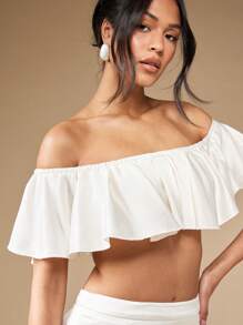 MISSGUIDED 露肩荷叶边短款上衣夏季海滩度假装芭铎风格女性休闲弹力领口节日波西米亚风混纺 - 白色 - 查看 3