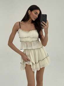 Aloruh 杏色度假短款吊带背心，搭配撞色饰边和同款迷你裙，适合春夏季 - 杏色 - 查看 1