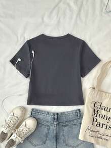 SHEIN Unity 街头风格女式摇滚印花圆领 T 恤，夏季 - 深灰色 - 查看 2