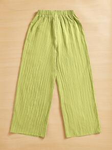 SHEIN Essnce Summer Loose Solid Color Textured Wide Leg Pants - Lime Green - View 2