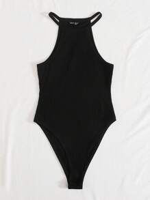 SHEIN EZwear Women's Solid Color Rib-Knit Halter Bodysuit - Black - View 4