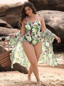 Swim Oasis Plus Size Women 2 Pieces Set Random Print Wireless One Piece Swimsuit With Long Sleeve Midi Cover Up Jacket, Casual Vacation Swimwear - Multicolor - View 3