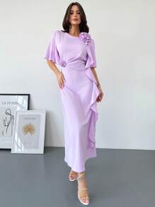 Firerie Vestido corto de manga corta, de cintura alta y corte evasé, en color rosa-púrpura, con volantes y estampado floral, elegante y romántico, ideal para el Día de San Valentín, el Ramadán o de vacaciones
