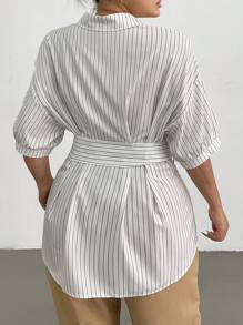 Flirla Plus Size Women Striped Print Collared Button Front Cinched Waist Waist Short Sleeve Casual Elegant Fitted Shirt, Spring/Summer - Apricot - View 2