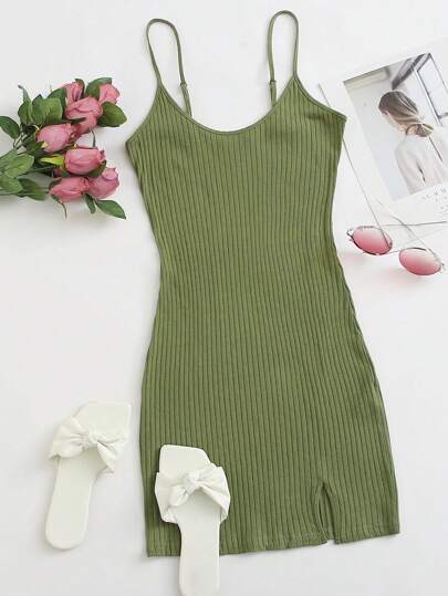 Summer Outing Split Hem Rib-Knit Solid Dress