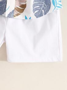 Set 2 bucăți pentru băieți, cămașă cu mânecă scurtă la un singur piept + pantaloni scurți sport casual cu talie elastică, ținută versatilă la modă cu imprimeu de frunze pentru vară