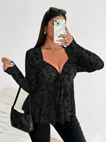 Vionelle 大码女式派对领带蝴蝶结褶饰网眼植绒 A 字形衬衫，适合约会、聚会