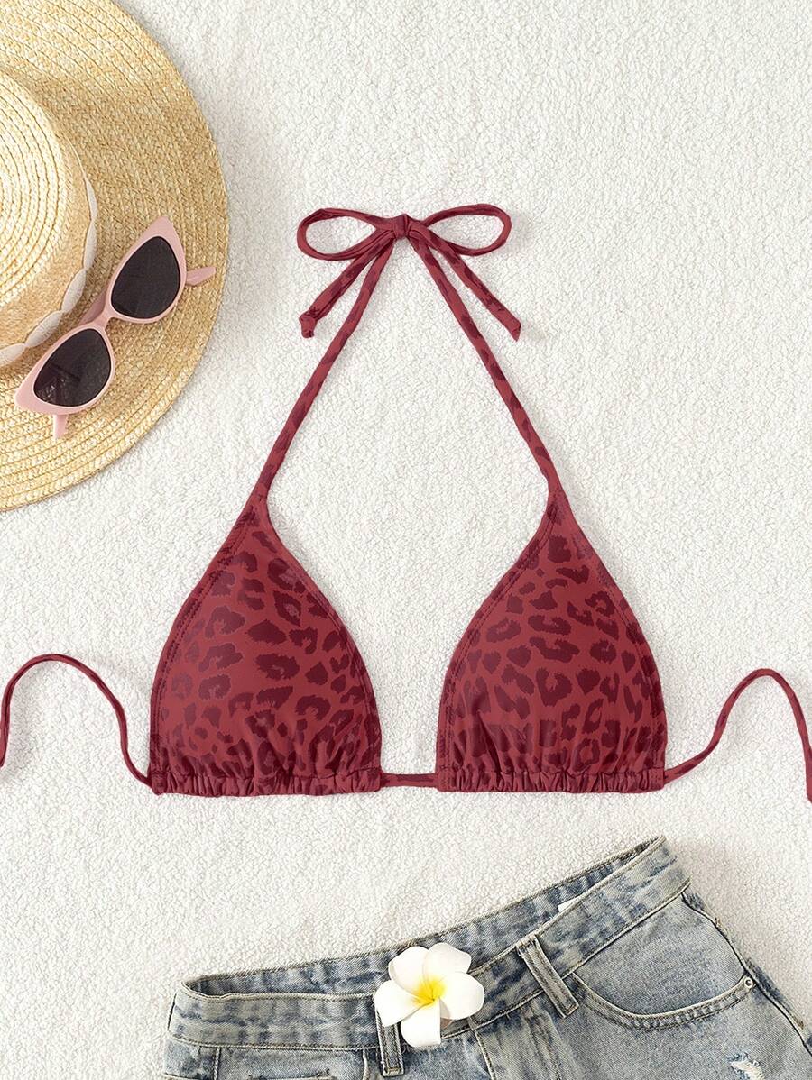 Swim Vcay 2 件女式性感豹纹露背比基尼上衣，海滩度假 - 酒紅色 - 查看 1
