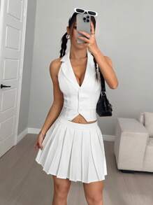 Flirla Ensemble femme comprenant un gilet sans manches avec col cranté et ourlet fendu, et une jupe mi-longue plissée en A de couleur unie - Blanc - Voir 3