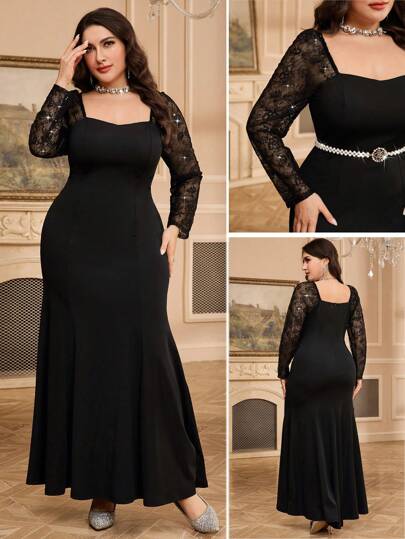 Modelyn Plus Size Lace Patchwork Sweetheart Collar Long Sleeve Minimalist Long Dress Fall