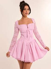 SHEIN BAE Elegant Red Lace Splice Long Sleeve Bodycon Mini Dress, Suitable For Graduation, Formal, Cocktail Party, Romantic Date, Autumn/Winter Layering, Party, Clubbing, Bridesmaid, Night Out, Halloween, Christmas