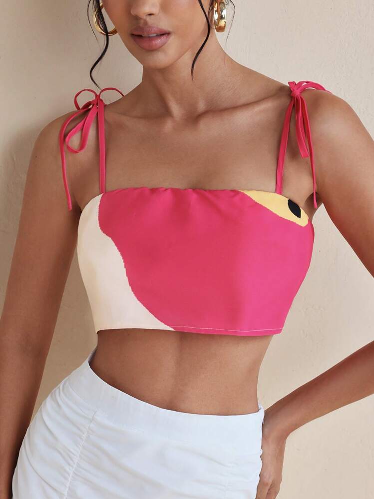 VALERIA GALIPOLI Áo crop top họa tiết hoa vui tươi màu hồng thiết kế dây buộc cho mùa xuân và mùa hè kỳ nghỉ xuân hè bãi biển mùa hè áo crop top dễ thương áo boho màu hồng - Nhiều màu - Xem 3