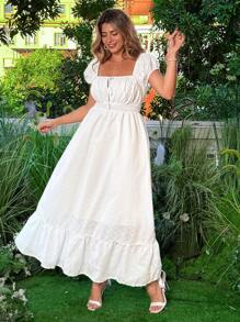 Flirla Đầm Maxi Xếp Ly Hoa Cỡ Lớn Cho Nữ, Cổ Vuông Buộc Dây, Tay Phồng - trắng - Xem 3