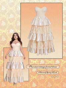 SHEIN MOD Váy ren thêu ren hở ngực cỡ lớn - Màu be - Xem 1