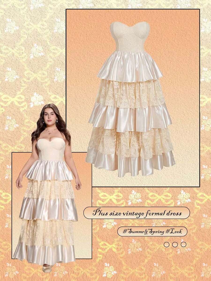 SHEIN MOD Váy ren thêu ren hở ngực cỡ lớn - Màu be - Xem 1