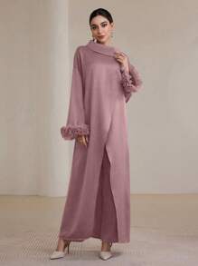 Graceveil 女士纯色喇叭袖网眼拼布上衣和裤子阿拉伯风格套装朴素 - 粉色 - 查看 3