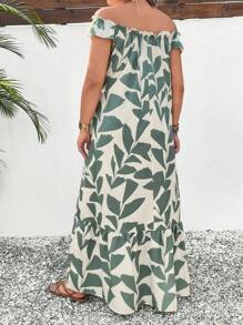 Breezaya Plus Size Leaf Floral Hem Patchwork Off Shoulder Maxi Casual Vacation Dress - Multicolor - View 2