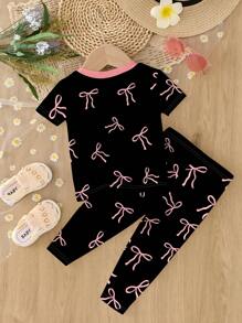 SHEIN Leap Crew 女婴休闲简约猫咪卡通蝴蝶结图案贴身短袖 T 恤和裤子家居服 - 彩色 - 查看 2