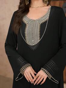 Al Najma Women's Spring/Summer 2 Pieces Set - Embroidered Turkish Maxi Dress & Arabic Traditional Dress, Modest Kaftan - Black - View 1